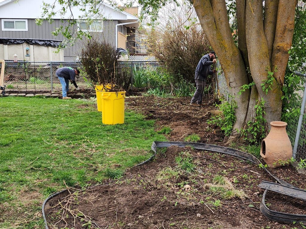 MKB Lawn Care crew planting shrubs and edging a garden bed