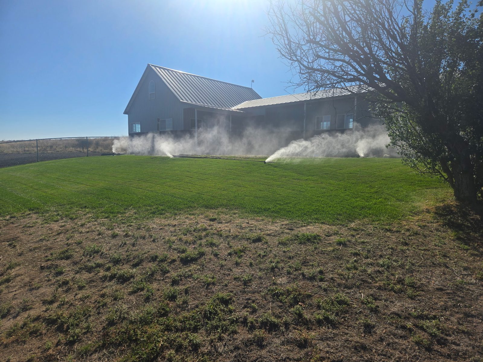 Sprinkler heads across a lawn blowing a fine mist of water and compressed air during a fall sprinkler blowout